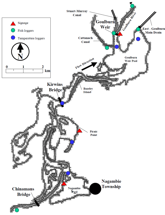 Location map of fish logging sites and main places of interest in the Nagambie Lakes System