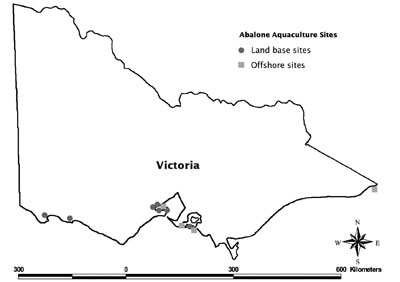Map showing locations of land-based and off-shore licensed abalone aquaculture sites in Victoria