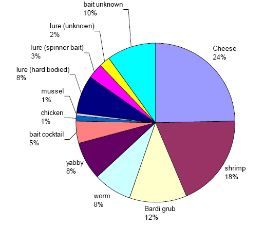 Figure 9 The percentage distribution of baits and lures that were used during successful Murray cod captures (n= 331)