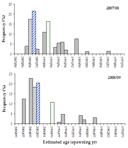 Figure 35. Bar chart shows the age and frequency distribution of estuary perch