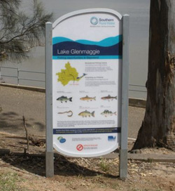 A new sign installed at Lake Glenmaggie that lists the variety of fish species available to recreational anglers in the lake