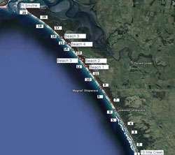 This map shows the location of sampling transects in Venus Bay stretching from 10 Mile Creek to Pt Smythe. 