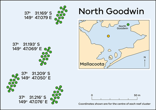 Map of Mallacoota Inlet showing artificial reef locations at North Goodwin.