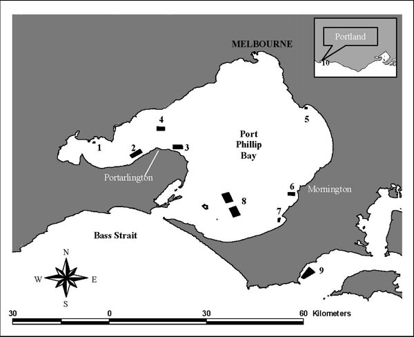 Figure 1. Location of the existing AFRs of Clifton Springs (2), Grassy Point (3), Kirk Point Werribee (4); Beaumaris (5), Dromana (7), and Flinders (9); plus the proposed AFRs of Bates Point (1), Mount Martha(6), Pinnace Channel (8), and Portland (10).