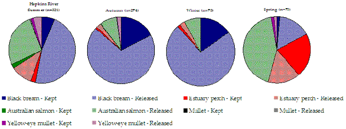 Figure 36. Pie chart shows the targeted species split by season with black bream taking a slight majority on estuary perch most seasons