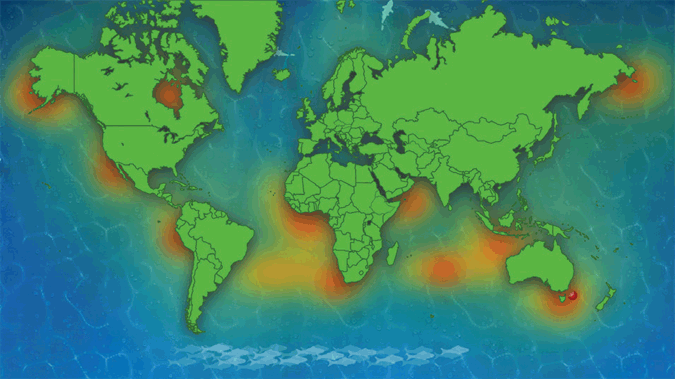 A world map showing changes to ocean temperatures.