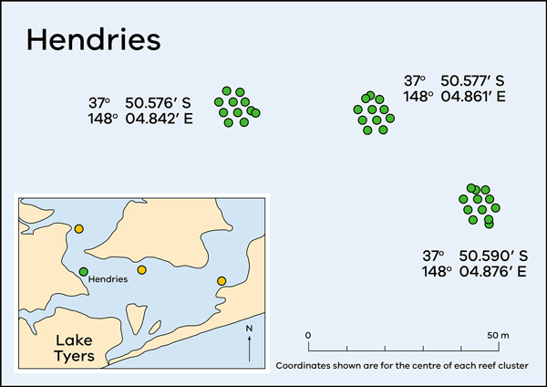 Map of Mallacoota Inlet showing artificial reef locations at Hendries.