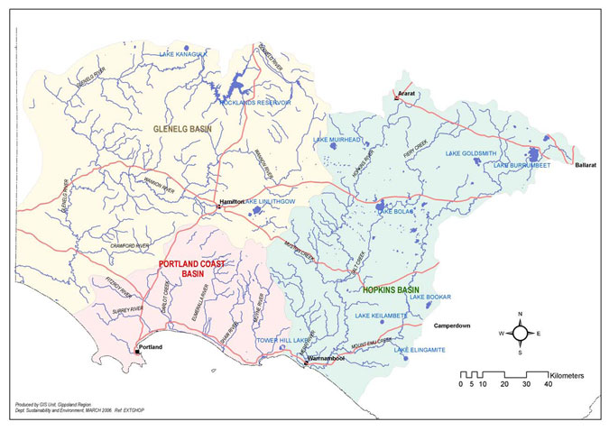 Map of the Glenelg Hopkins Region showing the major towns and rivers, lakes and impoundments&quot;