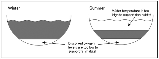 &quot;Figure 1. Conceptual model showing impoundment stratification (in cross section) during winter (low air temperature) and summer (high air temperature), indicating a habitat squeeze.&quot;