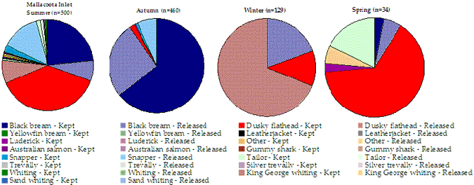 Figure 13. Pie chart shows the catch composition of species for each season split between kept and released.