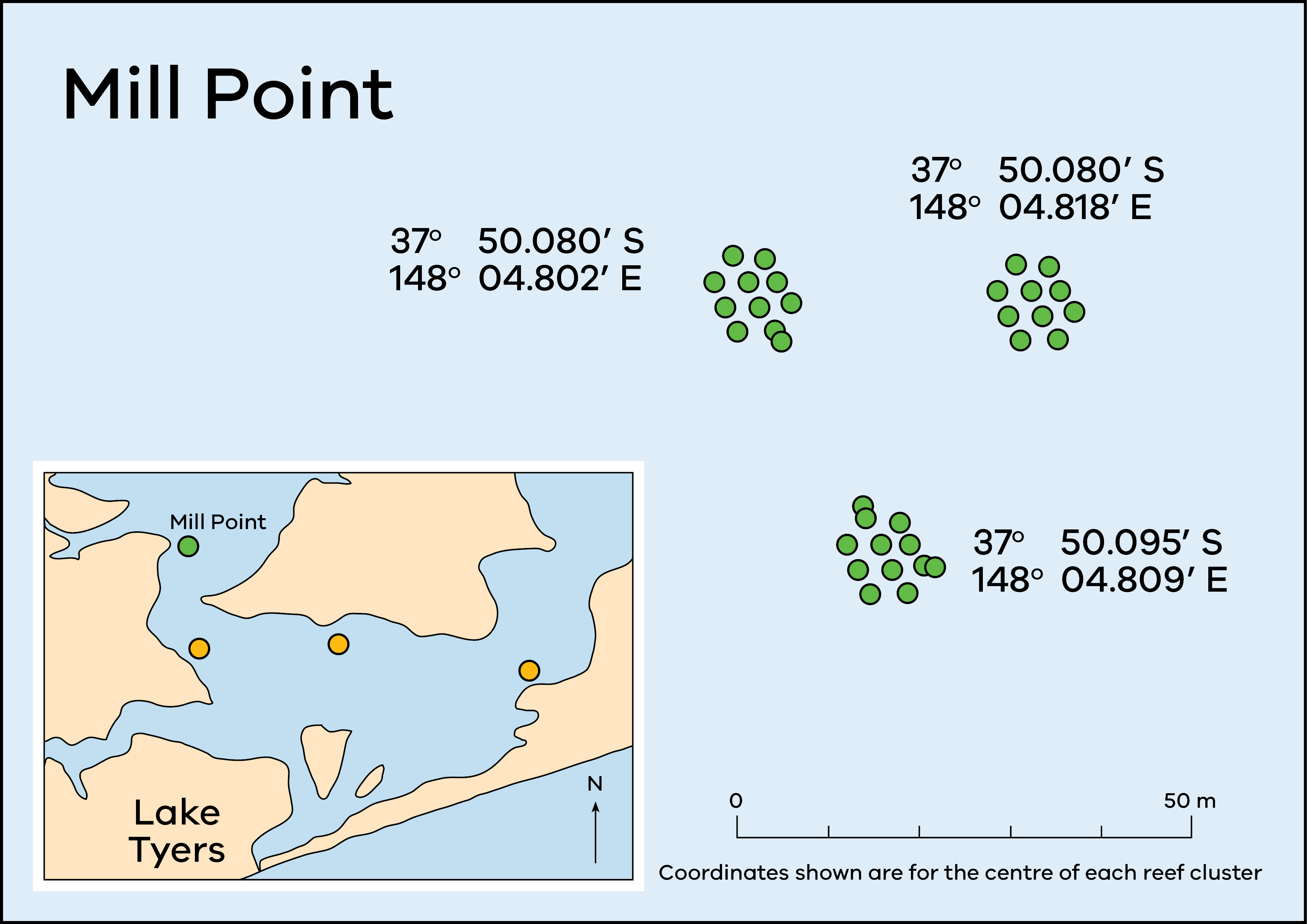 Map of Lake Tyers showing artificial reef locations at Mill Point.