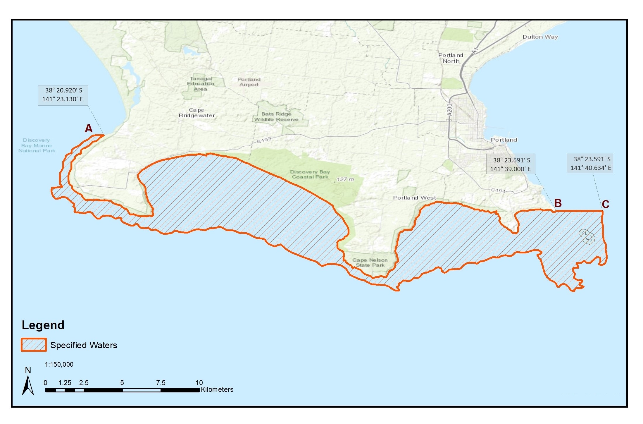 A graphic map showing a closed area to all abalone fishing south of Portland in Victoria.