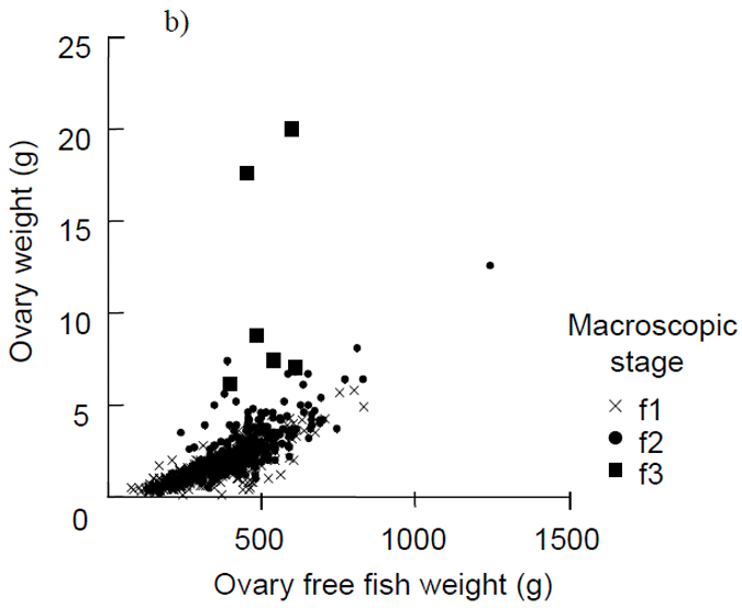 Figure 5.(b) shows the relationship between ovary weight (X axis) and ovary free fish weight (Y axis). Weight is measured in grams.
