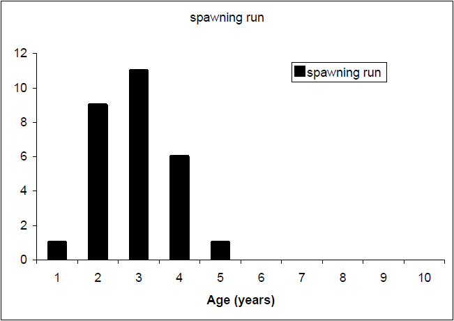 &quot;Age frequency of spawning run brown trout sample (n=28),&quot;