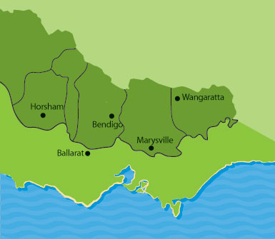 &quot;Map showing Horsham, Ballarat, Bendigo, Marysville and Wangaratta&quot;