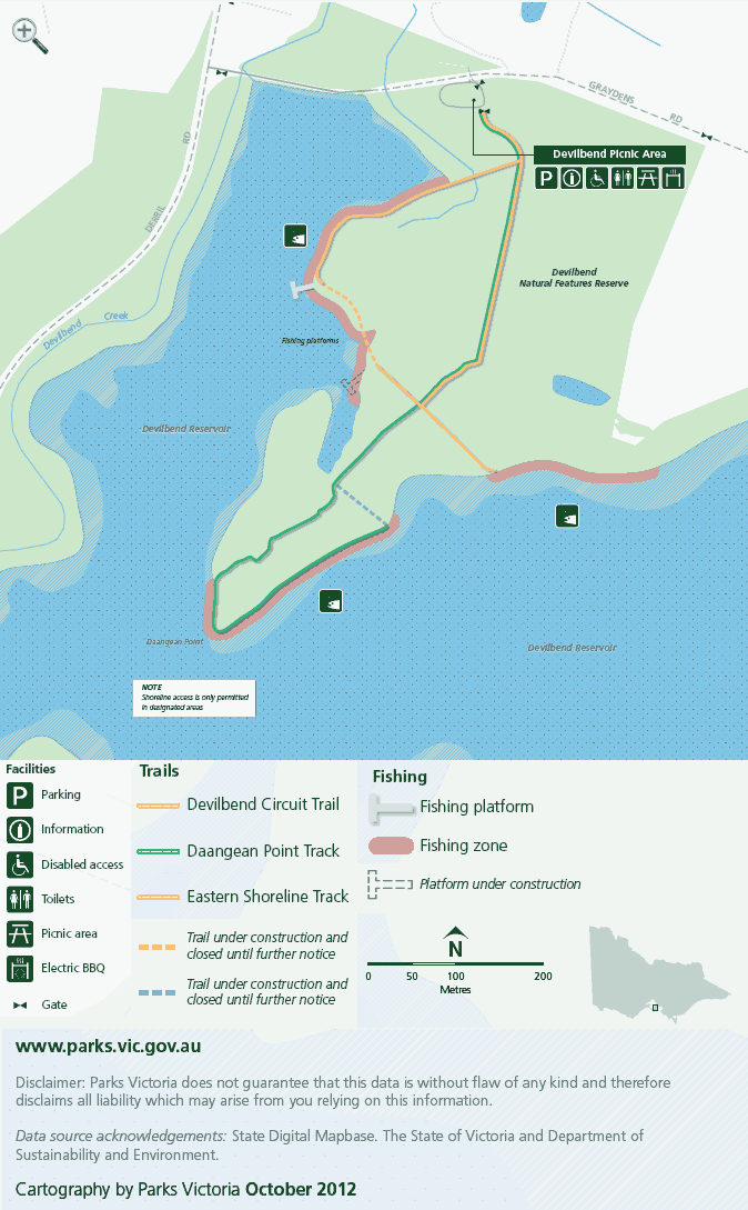 Vehicle access is from Graydens Road. A picnic area includes car parking, information, toilets, disabled access and barbecues. Walking tracks lead to three designated fishing areas, the closest of which is 500m away