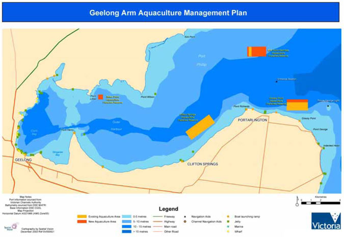 Figure 1: Geelong Arm Aquaculture Fisheries Reserves. Click image for a larger version.