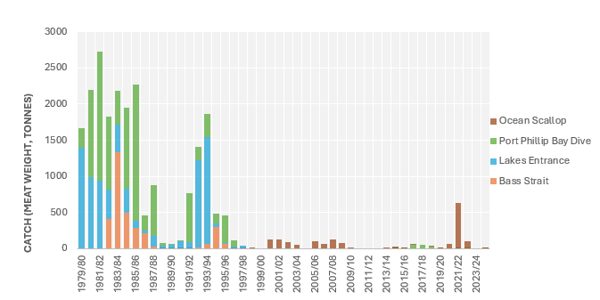Figure 1: Time series of catch (meat weight, tonnes) in the Victorian Scallop Fishery. Port Phillip Bay was closed to commercial fishing in 1997, and in 1998 the licences for Bass strait and Lakes Entrance were combined to be called 'Ocean Scallop