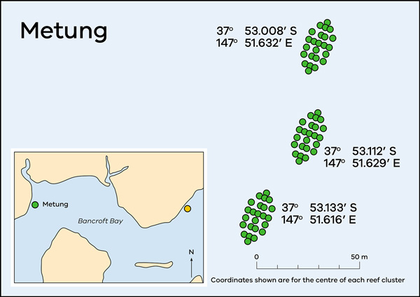 Map of Gippsland Lakes showing artificial reef locations at Metung.
