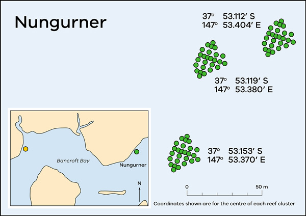Map of Gippsland Lakes showing artificial reef locations at Nungurner.