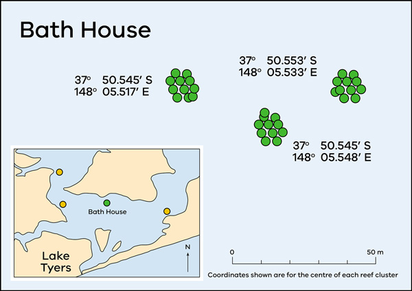 Map of Lake Tyers showing artificial reef locations at Bath House.