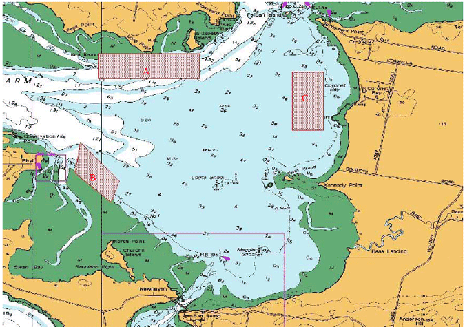 Figure 18. Areas with the highest aggregations of elephant fish in south-eastern Western Port: A, Bird Rock; B, Rhyll Bank; C, Coronet Bay.