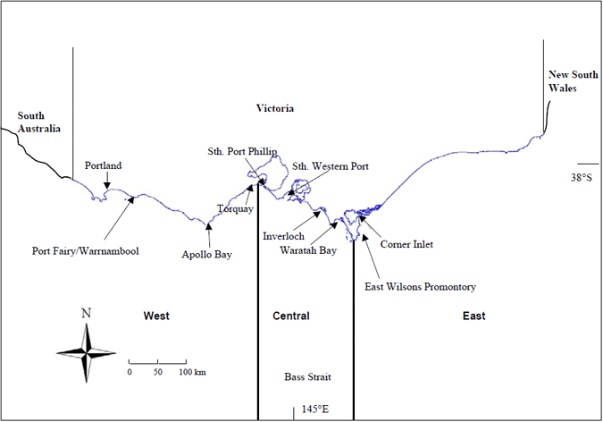 Map of the Victorian coast showing locations and zones where samples of King George whiting were collected from 2002-2004.