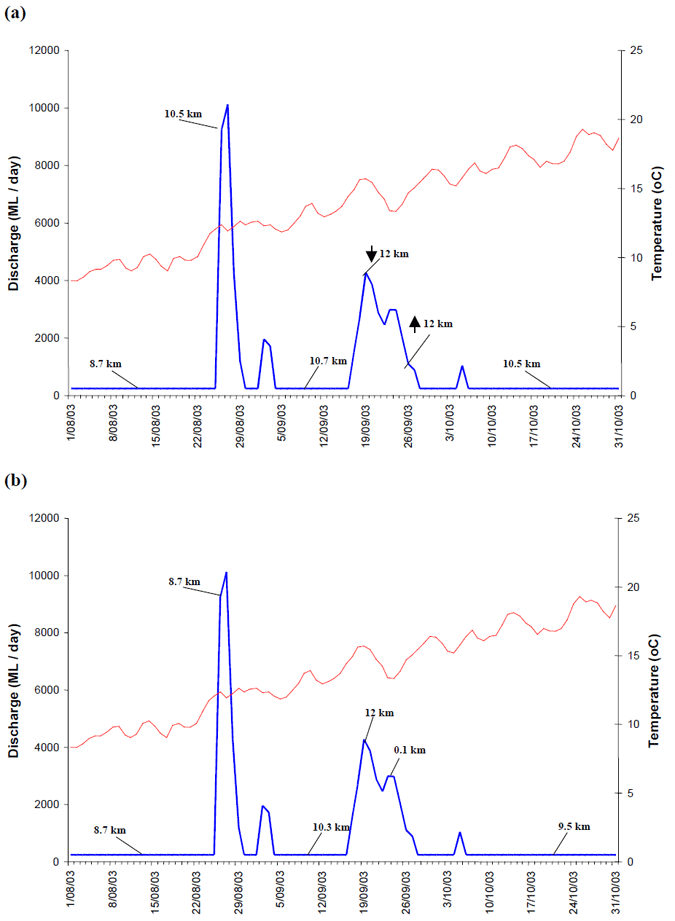 Schematic diagram of the location of golden perch (a) #21416 and (b) #23416 in the Goulburn River in comparison to average daily river discharge and temperature.