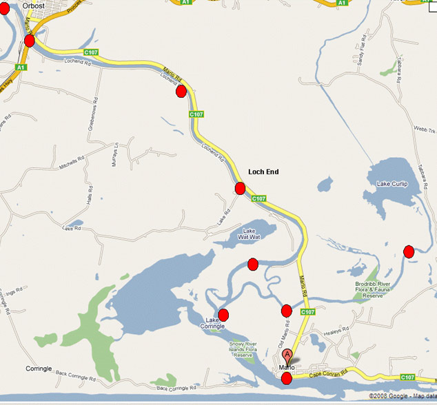 Figure 1 Map of Marlo estuary and indicative location of VR2 listening stations (Red dots)