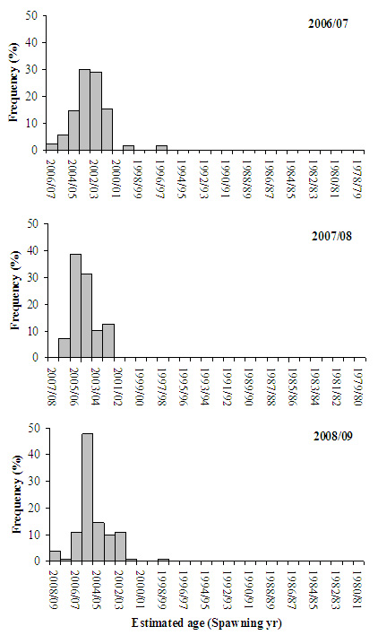 Bar chart plotting age frequency distrution of dusky flathead