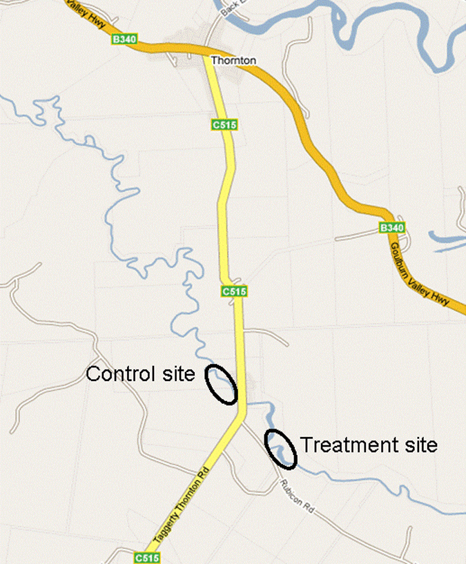 &quot;Diagram of study site locations on the Rubicon River near Thornton, Victoria &quot;