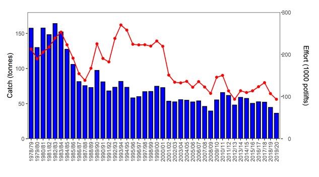 Figure 2: Total catch (tonnes) and effort (x1000 pot lifts) in the Eastern Zone