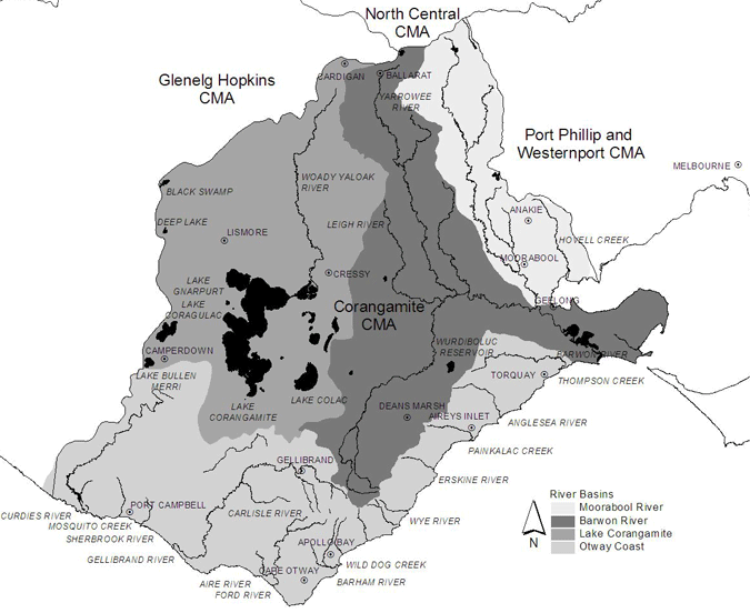 Map of the Corangamite fishery. CMA = Catchment Management Authority