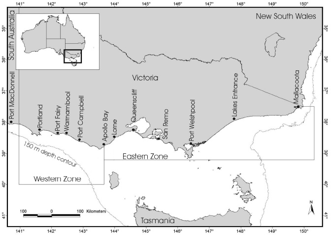 Giant crab management zones and the locations of the main ports for landing.