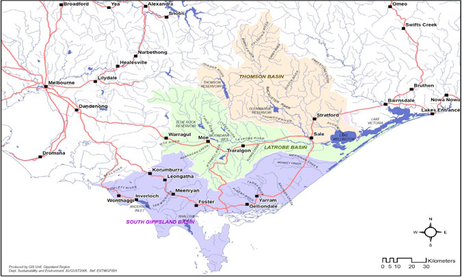 Map of the West Gippsland Region. Thomson Basin is represted by light orange. Latrobe Basin is represented by light green. South Gippsland Basin is represented by light purple.
