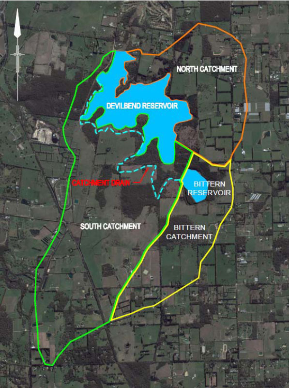 Airial photo of the Devilbend Reservoir and its upstream catchments