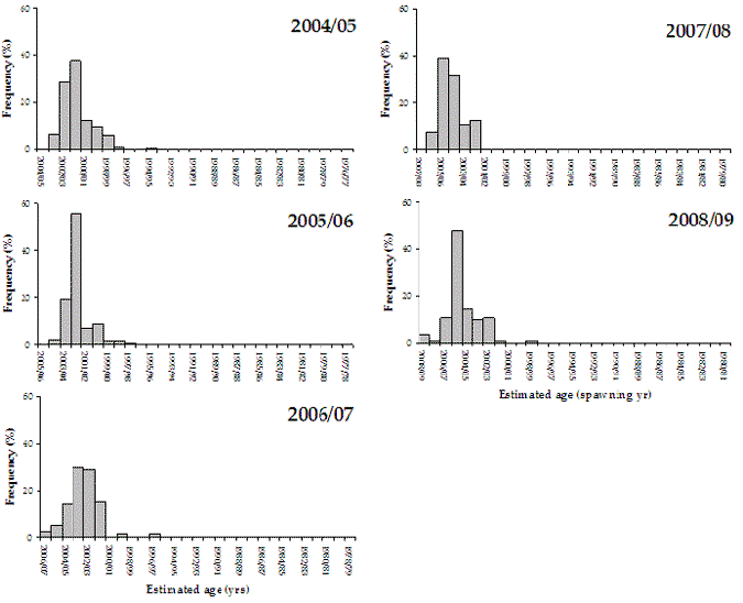 Figure 19. Bar chart shows the age frequency distribution of dusky flathead which most recently was significantly in the 2007 age.
