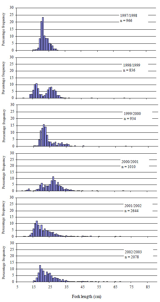 Graph: Figure 9. Size composition of all snapper caught (both retained and released) by anglers contributing to the Fishing Diary Program who fished in Port Phillip Bay from 1997 to 2003 (n=number of fish measured).
