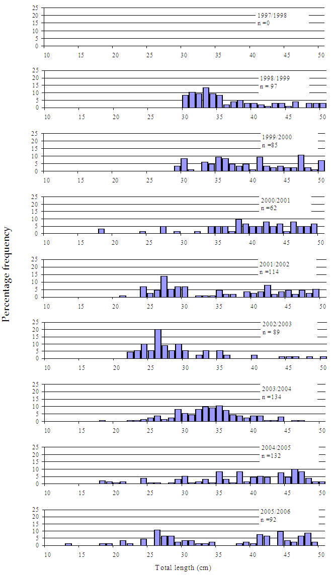Figure3 - Several bar charts showing size composition of snapper caught in Western Port Bay which shows no particular trend.