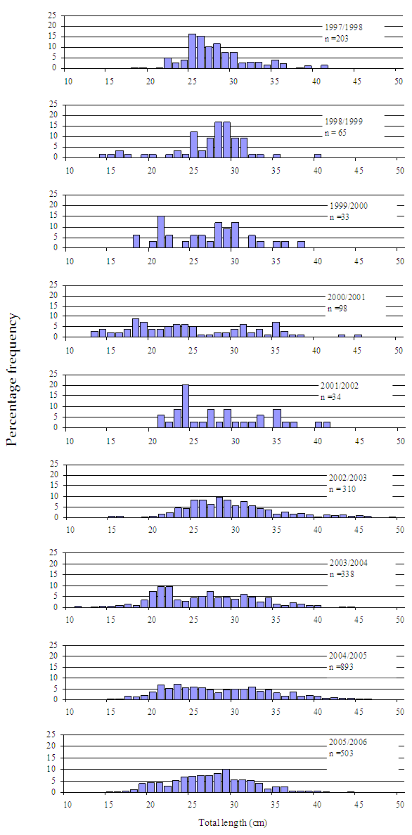 Figure8 - Several bar charts showing size composition of black bream caught in Mallacoota Inlet. The latest charts show no particular trend.